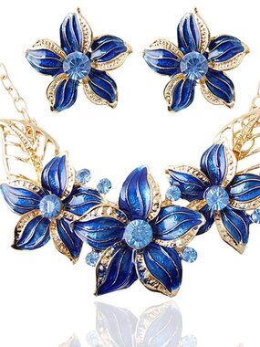 Fashion Women Crystal Flower Statement Gold Plated Necklace Earrings Jewelry Set